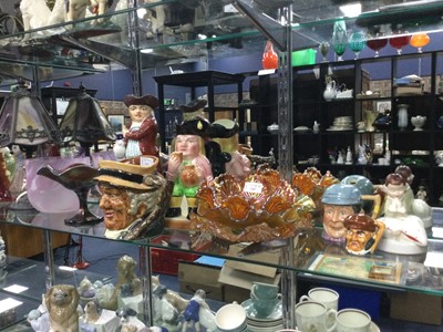 Lot 345 - A LOT OF THREE CARNIVAL GLASS DISHES, CHARACTER JUGS AND OTHER GLASS WARE