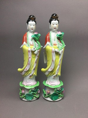 Lot 351 - A PAIR OF MODERN CHINESE POLYCHROME FIGURES OF GUAN YIN