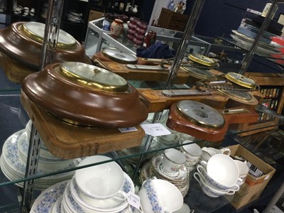 Lot 364 - A REPRODUCTION INLAID MAHOGANY WALL BAROMETER AND FOUR OTHERS