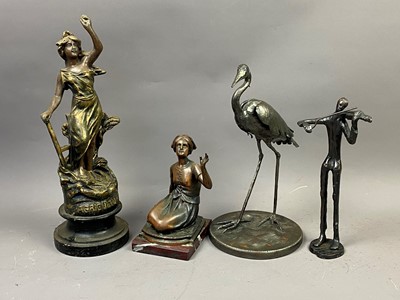 Lot 370 - A PAIR OF TABLE LAMPS, BRONZED EFFECT STATUES AND A TIMEPIECE