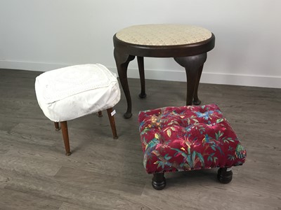Lot 375 - AN UPHOLSTERED SQUARE FOOTSTOOL AND TWO OTHERS