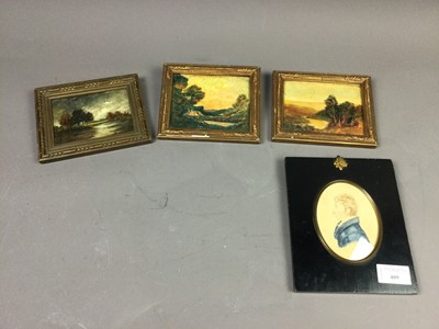 Lot 409 - A LOT OF THREE MINIATURE OIL LANDSCAPES ALONG WITH A PORTRAIT