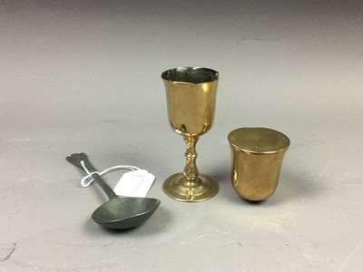 Lot 414 - A PAIR OF 19TH CENTURY BRONZE COMMUNION CUPS AND  PEWTER SPPON