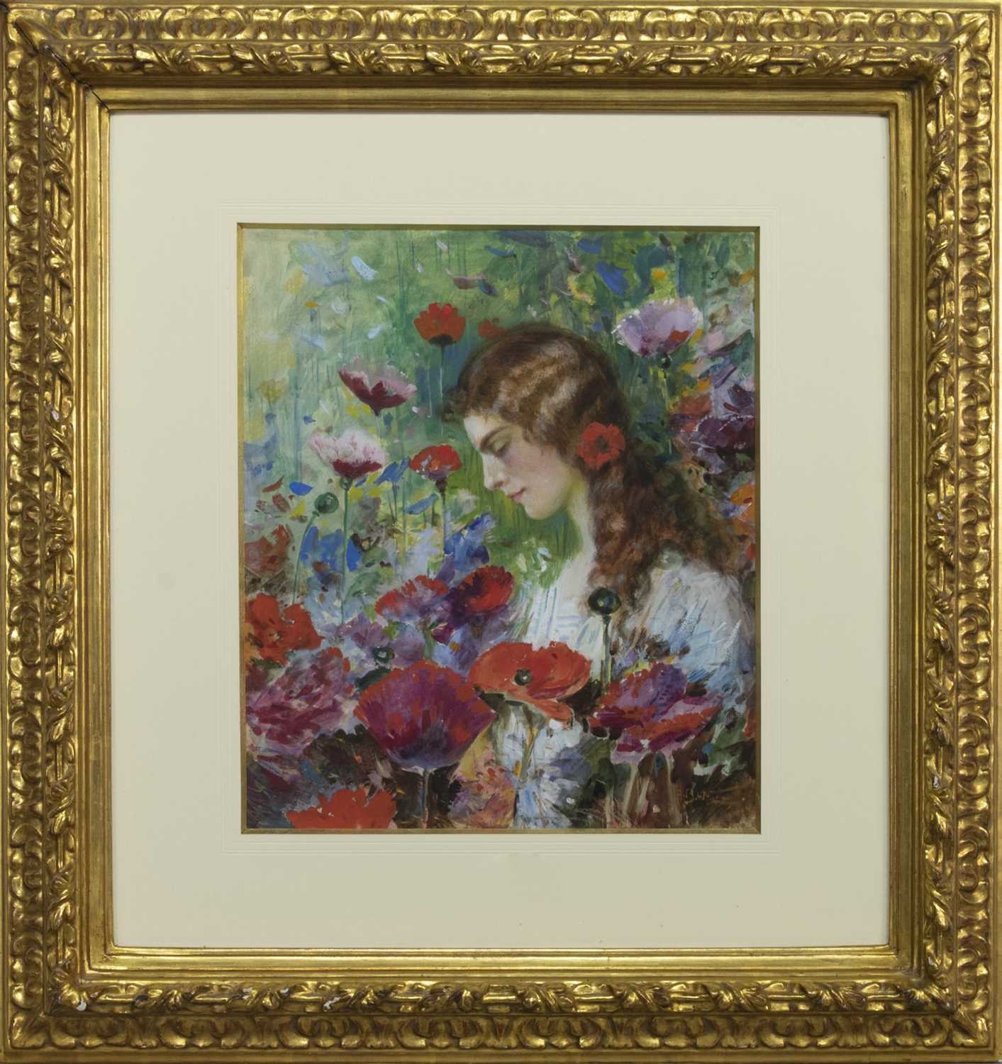 Lot 338 - GIRL AMONG THE FLOWERS, A WATERCOLOUR BY A B WHITE