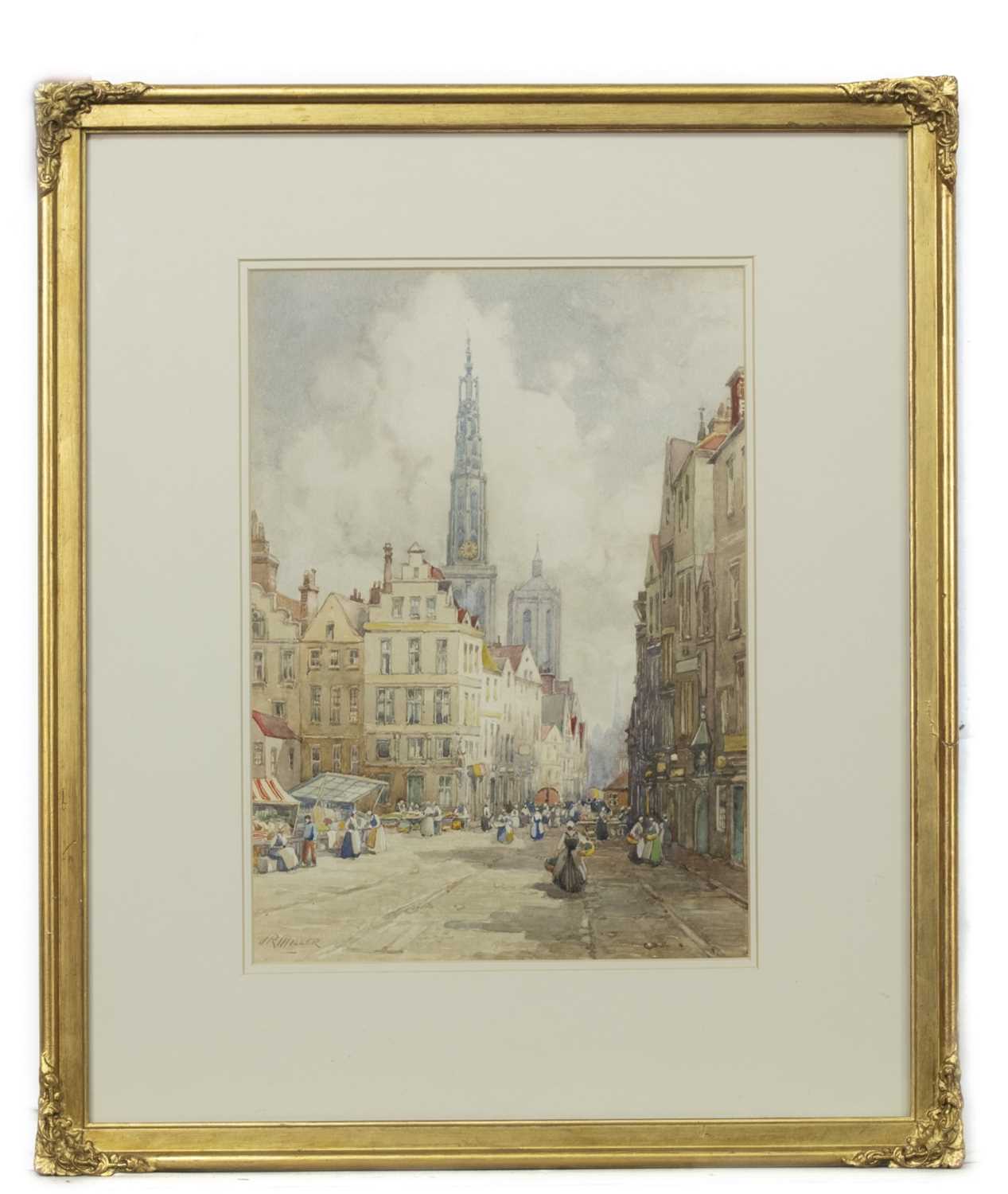Lot 477 - ANTWERP CATHEDRAL OF OUR LADY, A WATERCOLOUR BY J R MILLER