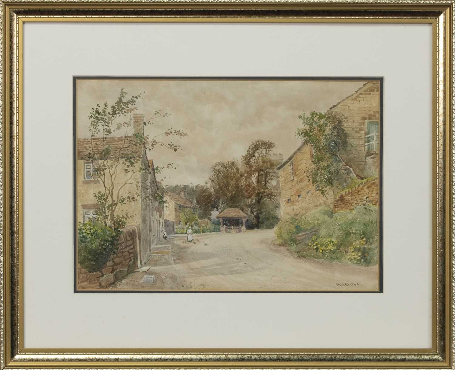 Lot 474 - VILLAGE SCENE WITH FIGURES, A WATERCOLOUR