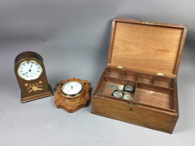 Lot 559 - A COROMANDEL LAP DESK, MANTEL CLOCK, WOOD CASKET AND BAROMETER