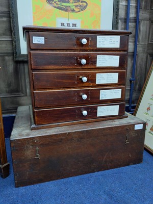 Lot 540 - A STAINED WOOD FIVE DRAWER COLLECTORS CHEST, VINTAGE TOOLS AND STORAGE BOX