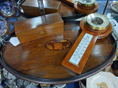 Lot 536 - AN INLAID MAHOGANY TWIN HANDLED SERVING TRAY, BAROMETER AND OTHER OBJECTS