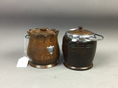 Lot 567 - A LOT OF TWO OAK LIDDED BARRELS, HIP FLASKS AND TRAVEL CUPS