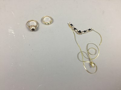 Lot 578 - A LOT OF TWO NINE CARAT GOLD GEM SET RINGS AND A NECKLACE