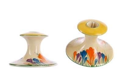 Lot 753 - A PAIR OF BIZARRE BY CLARICE CLIFF CROCUS CANDLESTICKS