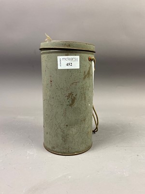 Lot 452 - A MINERS GAS MASK IN ORIGINAL TIN