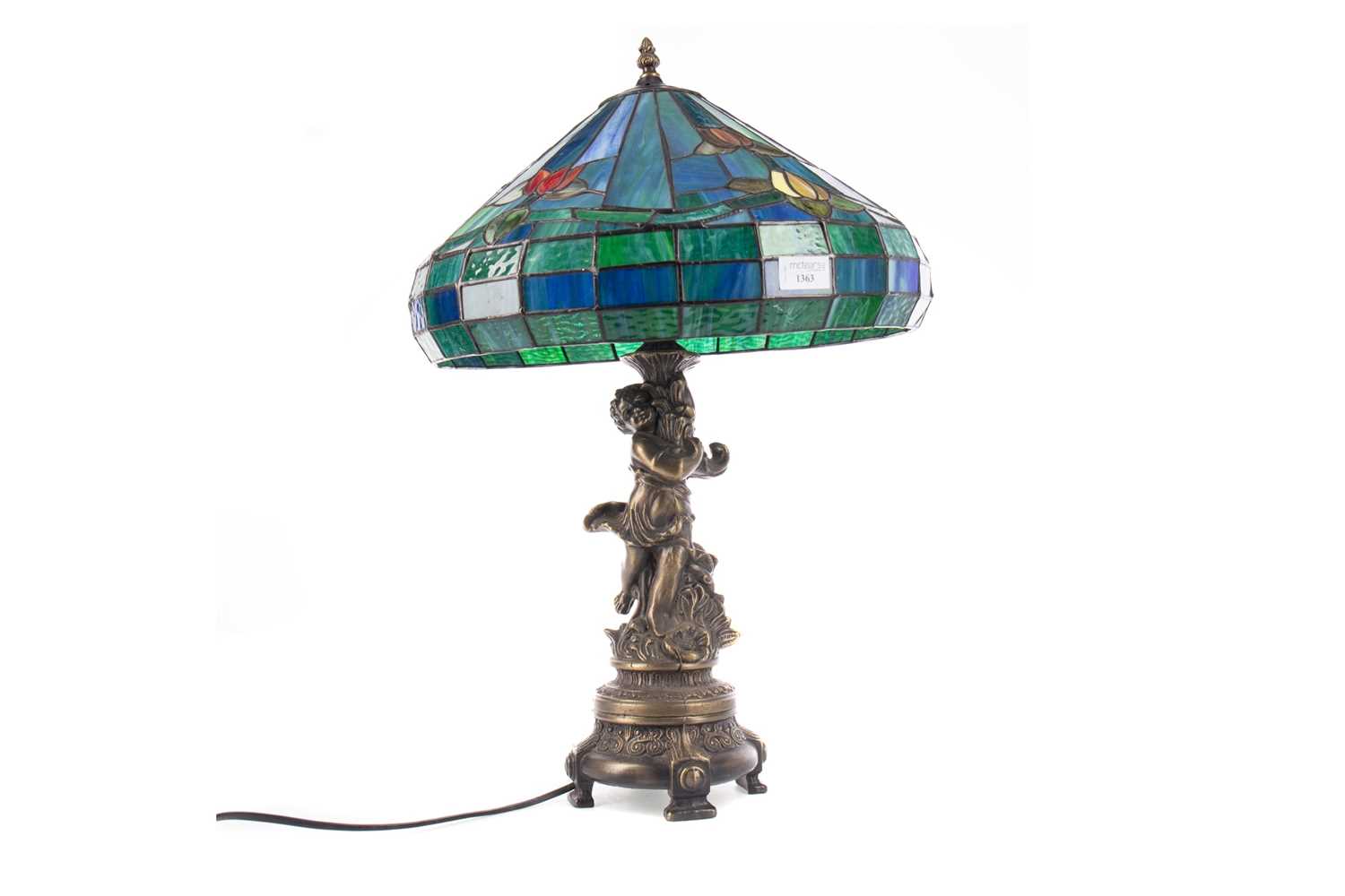 Lot 1363 - A TABLE LAMP WITH TIFFANY STYLE LEADED AND STAINED SHADE