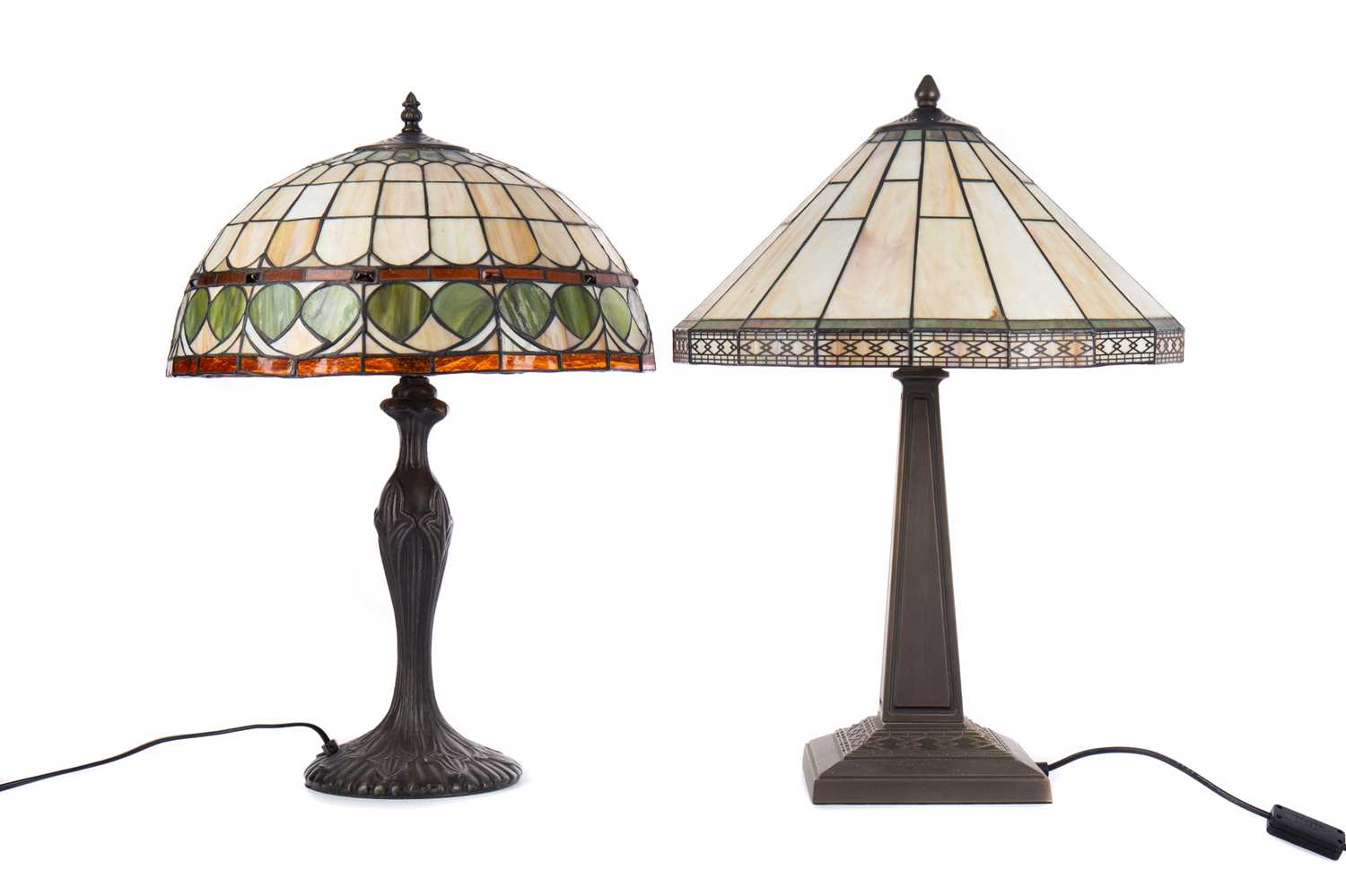 Lot 1364 - TWO TABLE LAMPS WITH TIFFANY STYLE LEADED AND STAINED SHADES