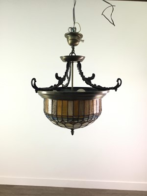 Lot 1365 - TWO CEILING PENDANT LIGHTS WITH TIFFANY STYLE LEADED AND STAINED SHADES