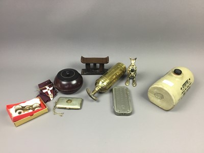 Lot 494 - A VINTAGE BRASS FIRE EXTINGUISHER, OPERA GLASSES AND A TAPER STICK