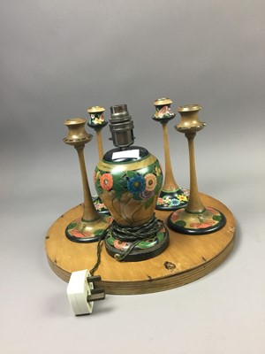 Lot 607 - AN ART DECO WALL MIRROR, CANDLESTICKS AND A LAMP