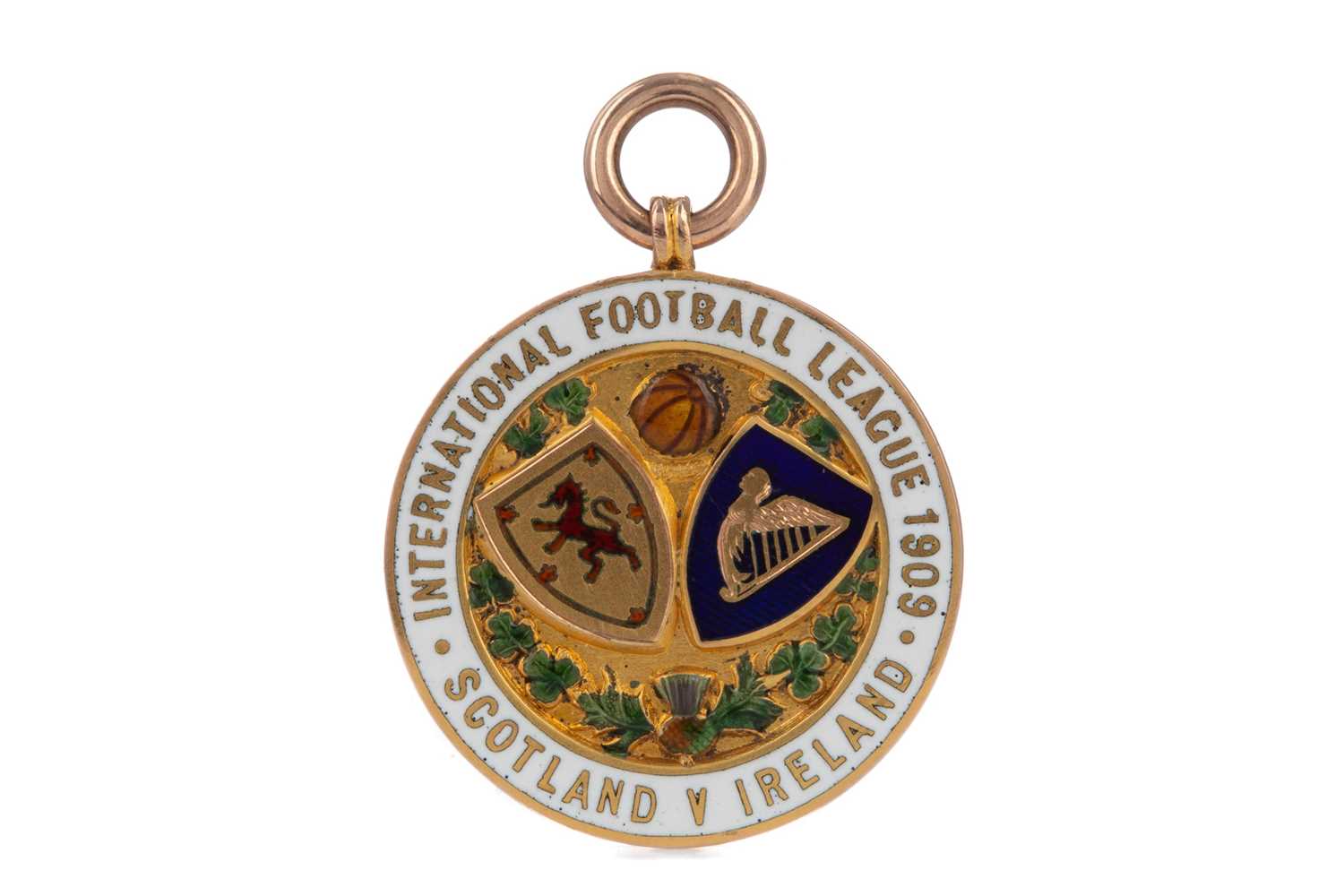 Lot 1746 - HAROLD MCDONALD PAUL'S SCOTLAND VS. IRELAND INTERNATIONAL FOOTBALL LEAGUE GOLD MEDAL 1909