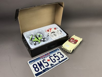 Lot 655 - A QUAD COPTER, ALONG WITH A TIN PLATE CAR, AND OTHER ITEMS