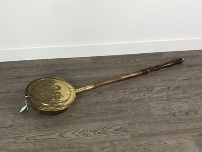 Lot 656 - A BRASS BED WARMING PAN, ALONG WITH OTHER BRASSES