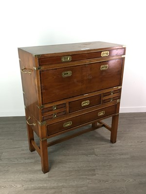 Lot 622 - A YEW WOOD AND BRASS BOUND CAMPAIGN STYLE DESK