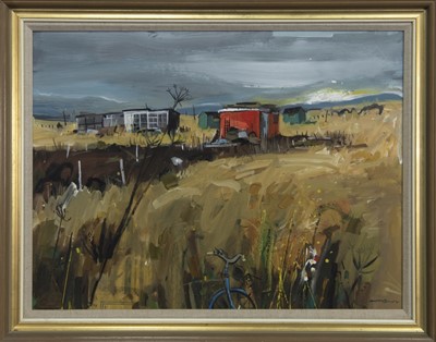 Lot 514 - LANDSCAPE WITH RED SHED, AN OIL BY HAMISH MACDONALD