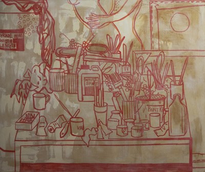 Lot 497 - THE ARTIST IN HER STUDIO, A LARGE MIXED MEDIA BY JESSICA QUINN