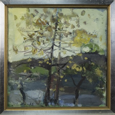 Lot 520 - TREES BY THE RIVER, CROSSFORD, AN OIL BY DUNCAN SHANKS