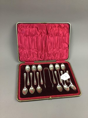 Lot 62 - A SET OF TWELVE SILVER COFFEE SPOONS AND TONGS AND FISH SERVERS