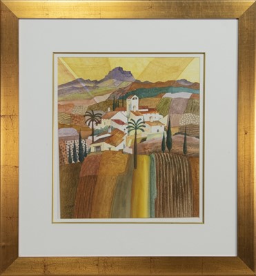 Lot 547 - MEDITERRANEAN VILLAGE III, A WATERCOLOUR BY GILLIAN MCDONALD