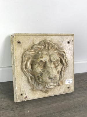 Lot 254 - A WALL MOUNTING STONE LION MASK AND RESIN FIGURE