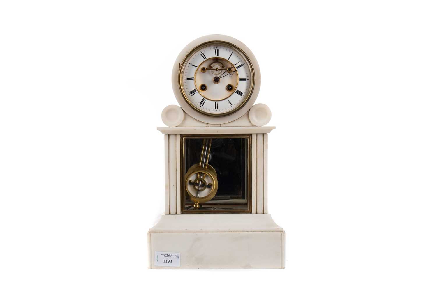 Lot 1193 - A LATE 19TH CENTURY FRENCH WHITE MARBLE EIGHT DAY MANTLE CLOCK