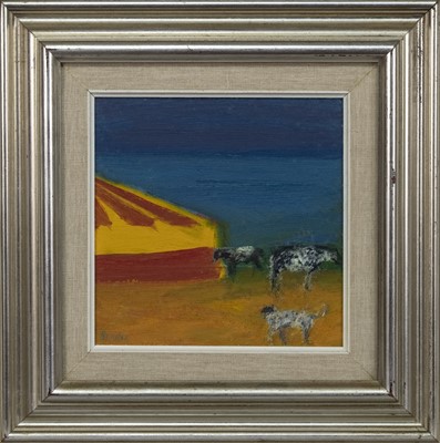 Lot 576 - CIRCUS HORSES AND DOG, AN OIL BY JOHN HOUSTON