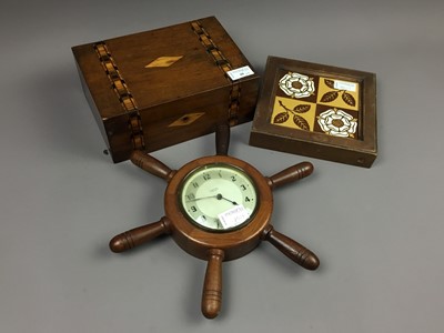 Lot 40 - A VICTORIAN SEWING BOX ALONG WITH A MINTON'S TILE AND A CLOCK