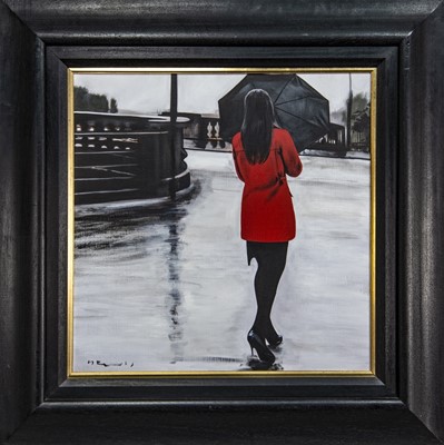 Lot 734 - RED COAT AT THE BRIDGE, AN OIL BY GERARD BURNS