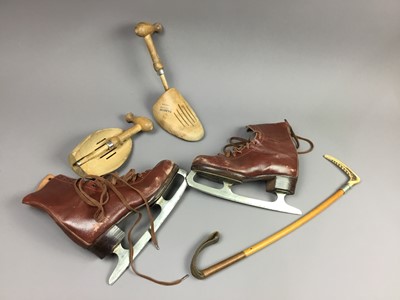Lot 136 - AN ENSIGN CAMERA AND OTHER ITEMS, INCLUDING A CROP AND ICE SKATES