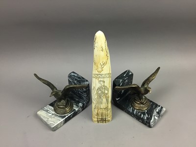 Lot 16 - A PAIR OF BRONZED METAL EAGLE  BOOKENDS, ALONG WITH A REPRODCUTION SCRIMSHAW