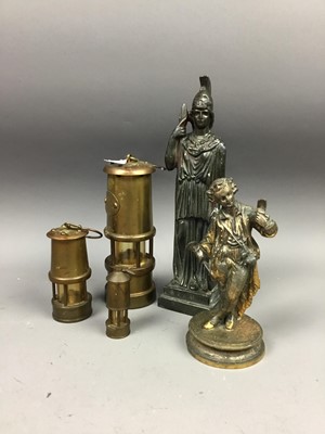 Lot 25 - A MINER'S SAFETY LAMP, TWO OTHER LAMPS AND TWO FIGURES