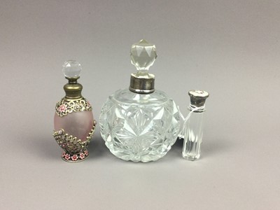 Lot 156 - A GLASS SCENT BOTTLE WITH SILVER AND GUILLOCHE ENAMEL COVER AND TWO OTHERS