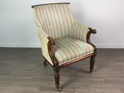 Lot 1477 - A MAHOGANY FRAMED LIBRARY ARMCHAIR OF GEORGE IV DESIGN