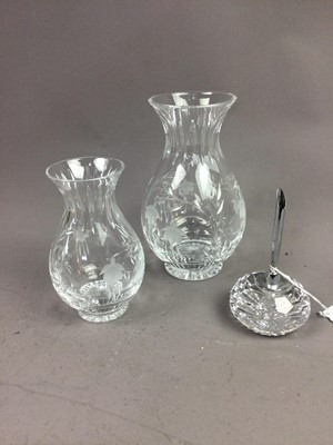 Lot 317 - A WATERFORD CRYSTAL DESKTOP PEN HOLDER, ALONG WITH TWO VASES