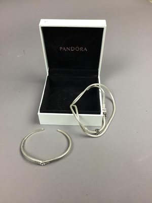 Lot 355 - A PANDORA SILVER NECKLACE AND A SMALL BANGLE