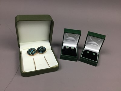 Lot 362 - A PAIR OF EMERALD AND DIAMOND EAR STUDS, ANOTHER PAIR AND A SET OF STICK PINS