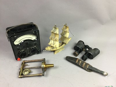 Lot 408 - A LEATHER CASE VOLT METER, SWORD HANDLE AND OTHER ITEMS