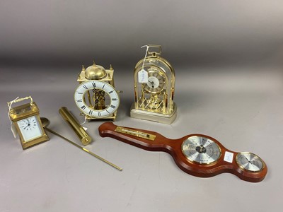 Lot 344 - A BRASS CARRIAGE CLOCK, TWO OTHER CLOCKS AND A BAROMETER