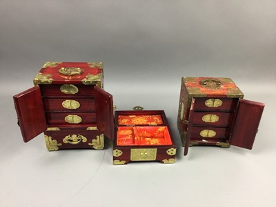 Lot 458 - A CHINESE BRASS MOUNTED WOOD JEWELLERY BOX AND TWO OTHER BOXES