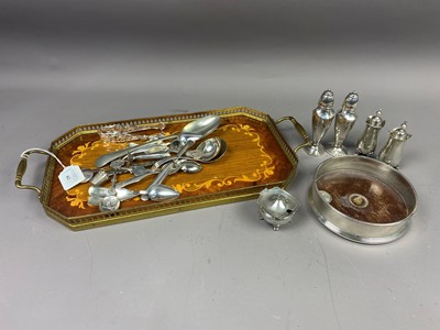 Lot 462 - A SMALL COLLECTION OF SILVER AND SILVER PLATED CUTLERY, CONDIMENTS AND WINE SLIDES