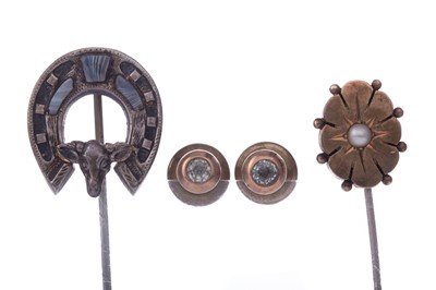 Lot 338 - AN AGATE STICK PIN, ONE OTHER AND A PAIR OF GEM SET STUDS