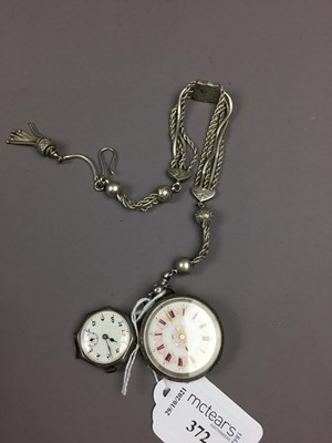 Lot 372 - A SILVER OPEN FACED FOB WATCH ALONG WITH A MANUAL WIND WRIST WATCH